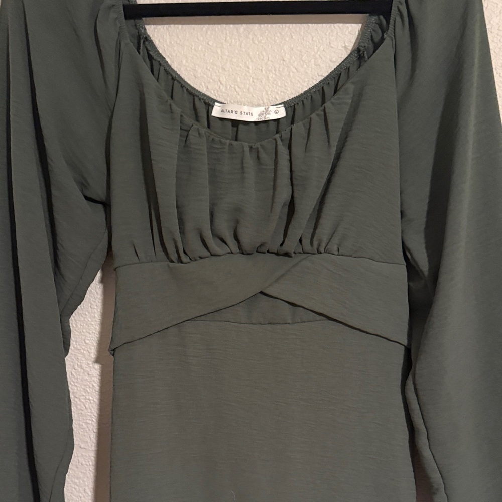 Large Altar'd State Olive Green Long Sleeve Flowy Dress with Back Tie - Picture 4 of 7